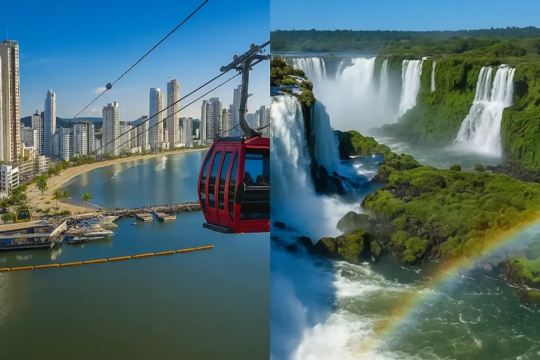 eleférico sobre la playa de Camboriú y vista panorámica de las Cataratas del Iguazú